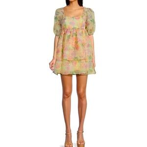 NWT- Chelsea & Violet Short Puff Sleeve Yellow Floral Organza Baby Doll Dress